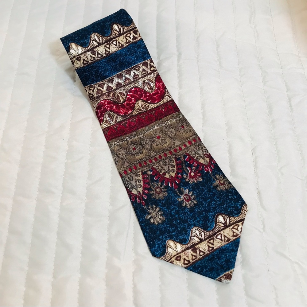 100% silk Elizabeth Nell men’s tie Navy tan brown & burgundy Made in the USA.